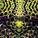 A symmetrical, kaleidoscopic abstract pattern with neon yellow-green, black, and purple circular and wavy motifs filling the frame.