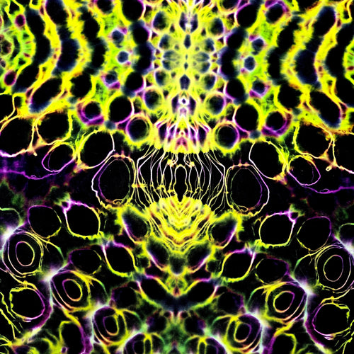 A symmetrical, kaleidoscopic abstract pattern with neon yellow-green, black, and purple circular and wavy motifs filling the frame.