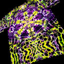 Tie-dye shirt with vibrant purple and yellow patterns on a black background