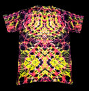 One-of-one handmade tie-dye shirt featuring neon pink and yellow symmetry, back view