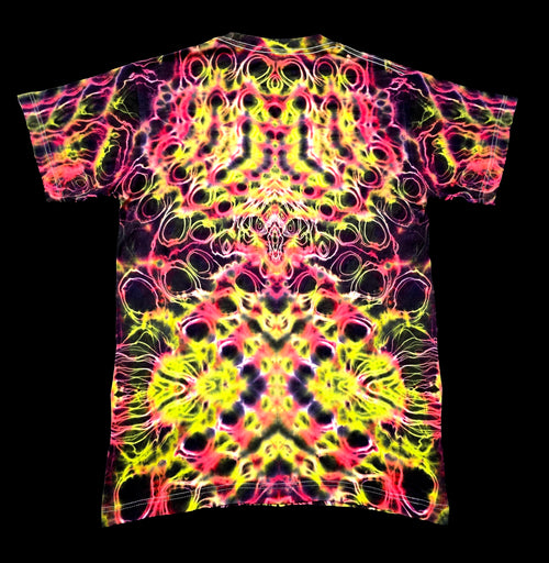 One-of-one handmade tie-dye shirt featuring neon pink and yellow symmetry, back view