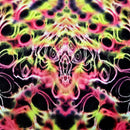 Colorful tie-dye pattern with black, pink, green, and yellow colors.