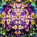 A highly vibrant, psychedelic tie-dye pattern with a symmetrical, kaleidoscopic design. The colors include neon purple, magenta, bright yellow, lime green, and deep black in a complex, fluid splatter pattern.