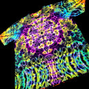 A short-sleeve crewneck t-shirt featuring a vibrant, psychedelic tie-dye pattern with neon swirls of purple, yellow, green, blue, and orange on a black base.
