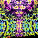 A close-up of a tie-dye fabric with a highly symmetrical, kaleidoscopic pattern in neon purple, yellow, green, blue, and black.