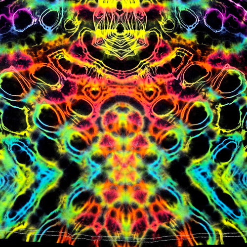 A vibrant, symmetrical tie-dye pattern with neon rainbow colors on a black background, featuring organic circular and wavy shapes.