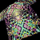A short-sleeve t-shirt with a vibrant, psychedelic tie-dye pattern featuring concentric circles and wavy lines in neon pink, yellow, green, and purple over a black base, shown against a solid black background.