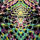 Close-up of back middle tie-dye pattern featuring dense circular dye cells with neon outlines and dark negative space