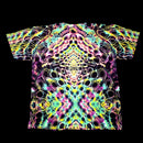 A short-sleeve crewneck t-shirt featuring a vibrant, symmetrical psychedelic pattern with neon pink, yellow, green, and blue glowing bubble-like shapes on a black background.