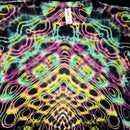 Tie-dye patterned shirt with a visible brand tag on a black background