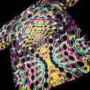 A short-sleeve tie-dye T-shirt laid flat on a black background, featuring a dense neon pattern of pink, yellow, green, and blue wavy lines over a dark base.