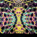 Close-up of front bottom tie-dye pattern featuring dense circular dye cells with neon outlines and dark negative space
