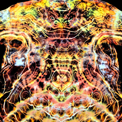 Angled back view of handmade tie-dye tee emphasizing the V spine-like symmetry and flowing electric dye textures
