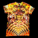 A short-sleeve crewneck t-shirt featuring a vibrant, symmetrical psychedelic flame-like pattern in yellow, orange, red, and black, displayed flat against a solid black background.