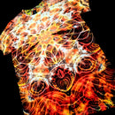 Angled front view of handmade tie-dye tee emphasizing the spine-like symmetry and flowing electric dye textures