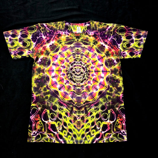 Front view of Solar Pulse Veil Original Handmade tie-dye tee featuring a neon yellow and pink Hyper Fractal mandala with symmetrical energy patterns
