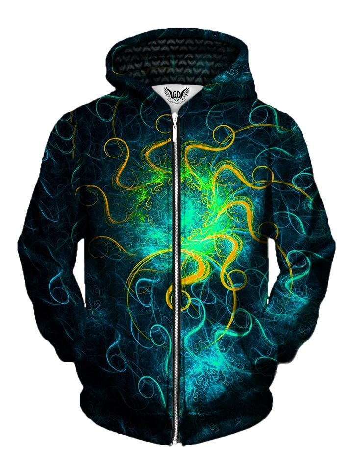 Men's green, blue & black psychedelic mandala zip-up hoodie front view.