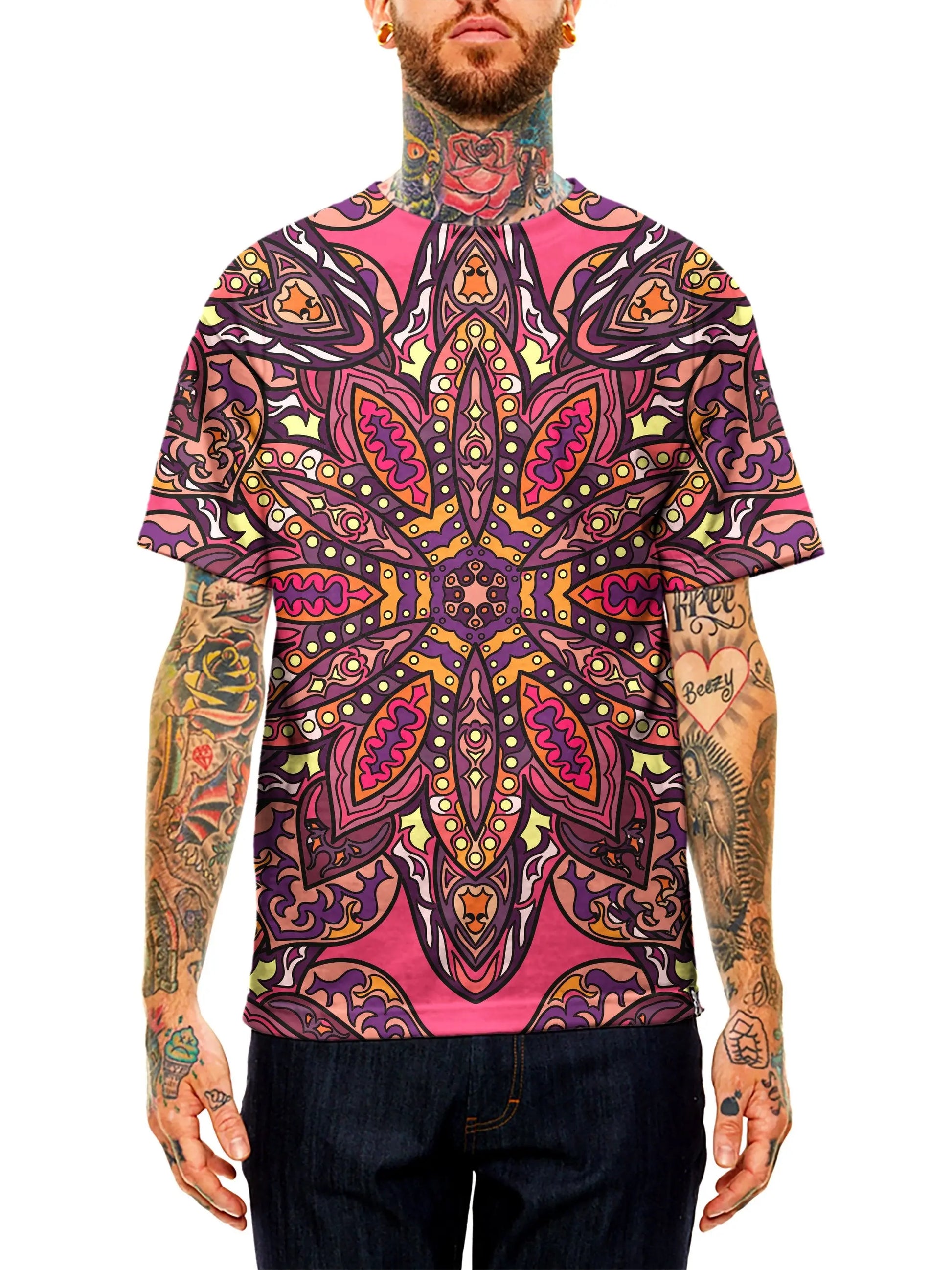 Model wearing GratefullyDyed Apparel pink, purple, orange & yellow mandala unisex t-shirt.