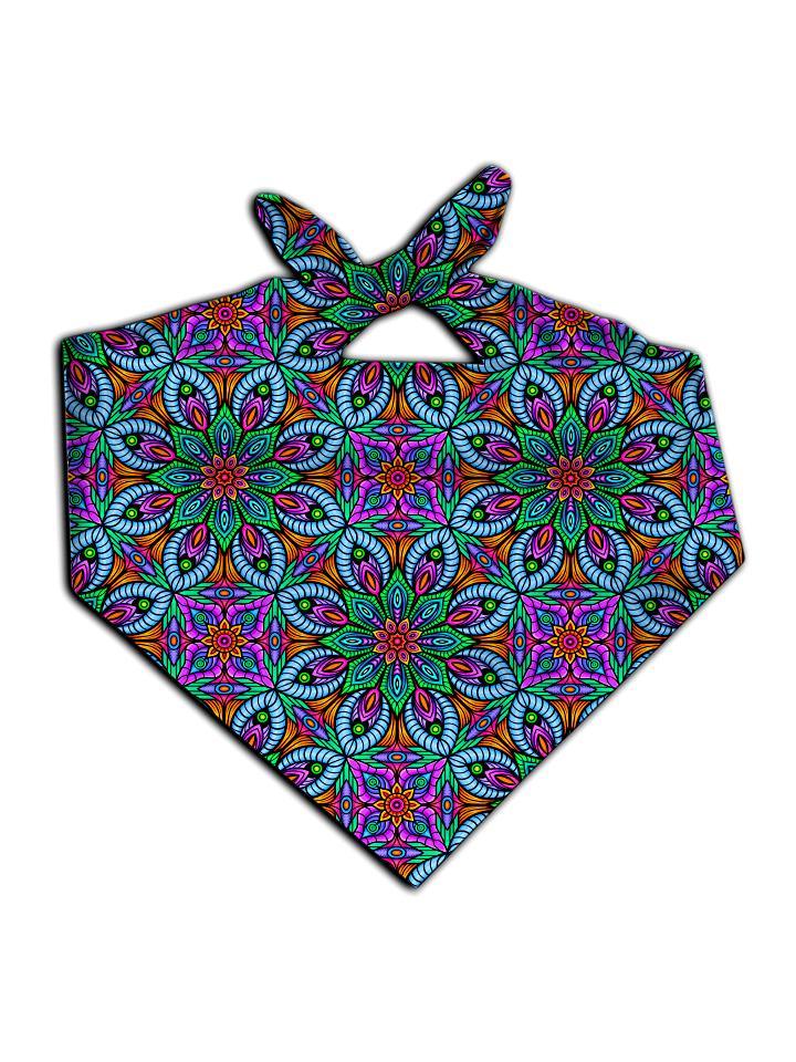 All over print purple, blue & green flower fractal bandana by GratefullyDyed Apparel tied neck scarf view.