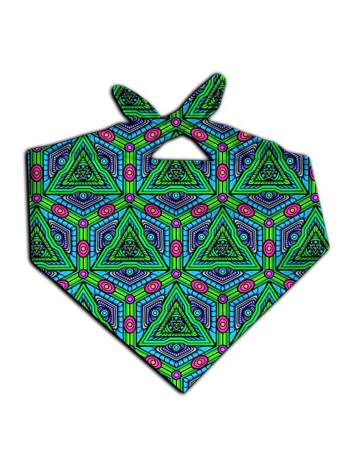 All over print green, purple & pink geometric fractal bandana by GratefullyDyed Apparel tied neck scarf view.