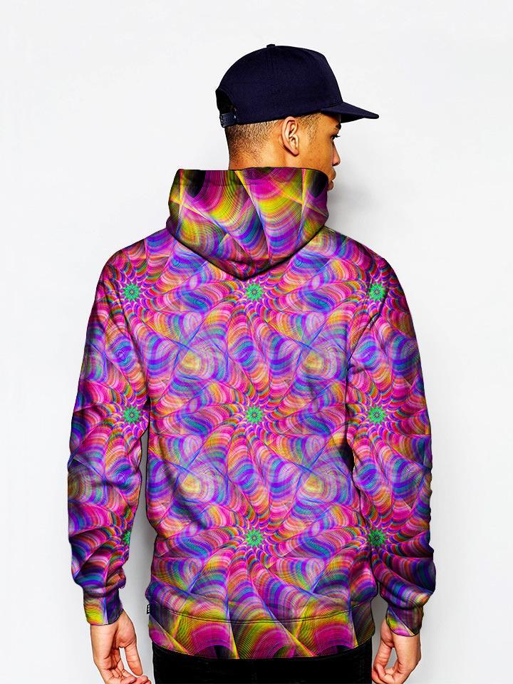 Model in psychedelic kaleidoscope pink and purple pullover hoodie back view