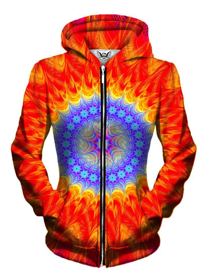 Front view of women's all over print sacred geometry zip up hoody by Gratefully Dyed Apparel.