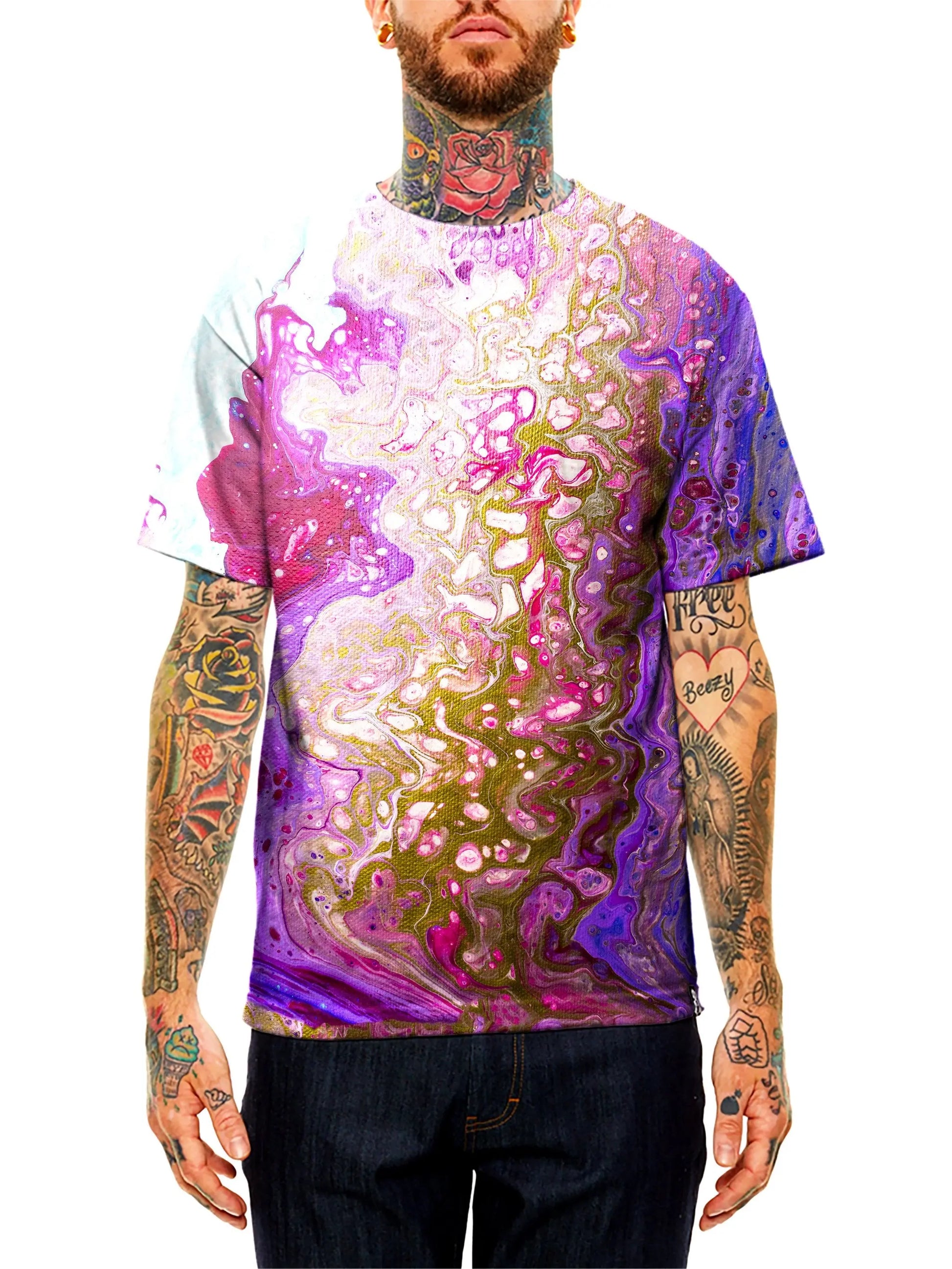 Model wearing GratefullyDyed Apparel purple, pink & gold marbled paint unisex t-shirt.