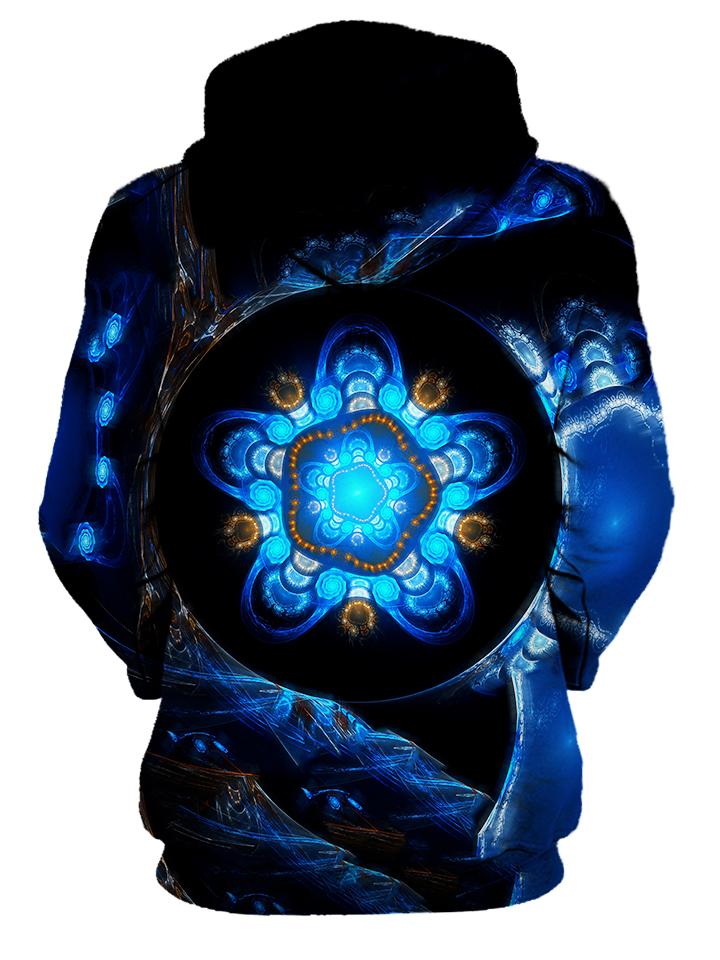 Rear of women's black & blue alien tech sacred geometry all over print hoody. 