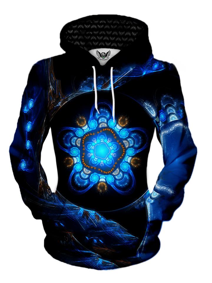 Women's front view of trippy mandala pullover hoodie.