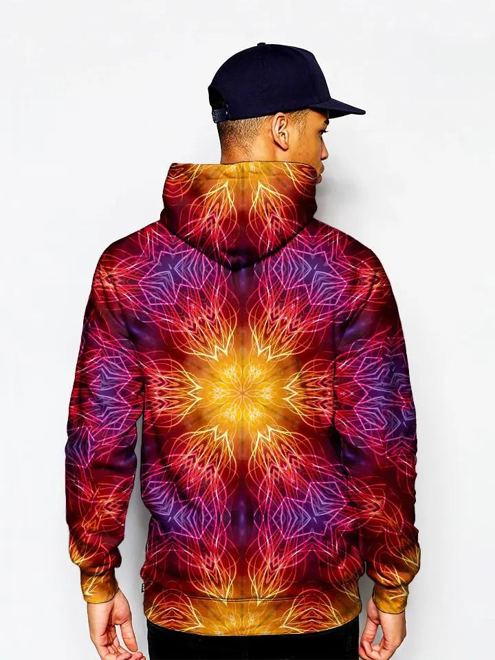 Model In Psychedelic Fire Red Mandala Pullover Hoodie Back View