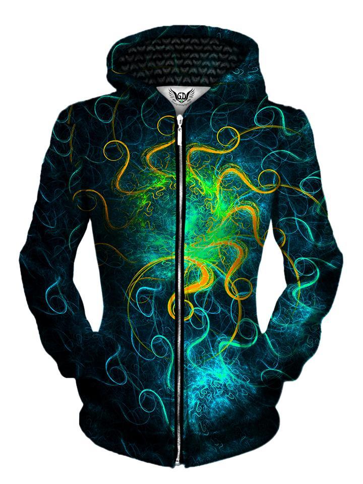 Front view of women's all over print abstract sacred geometry zip up hoody by Gratefully Dyed Apparel.