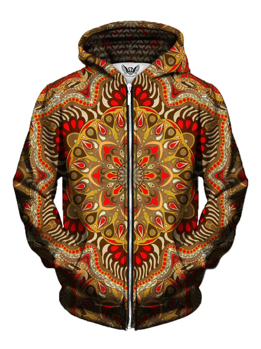 Men's brown & orange retro mandala zip-up hoodie front view.