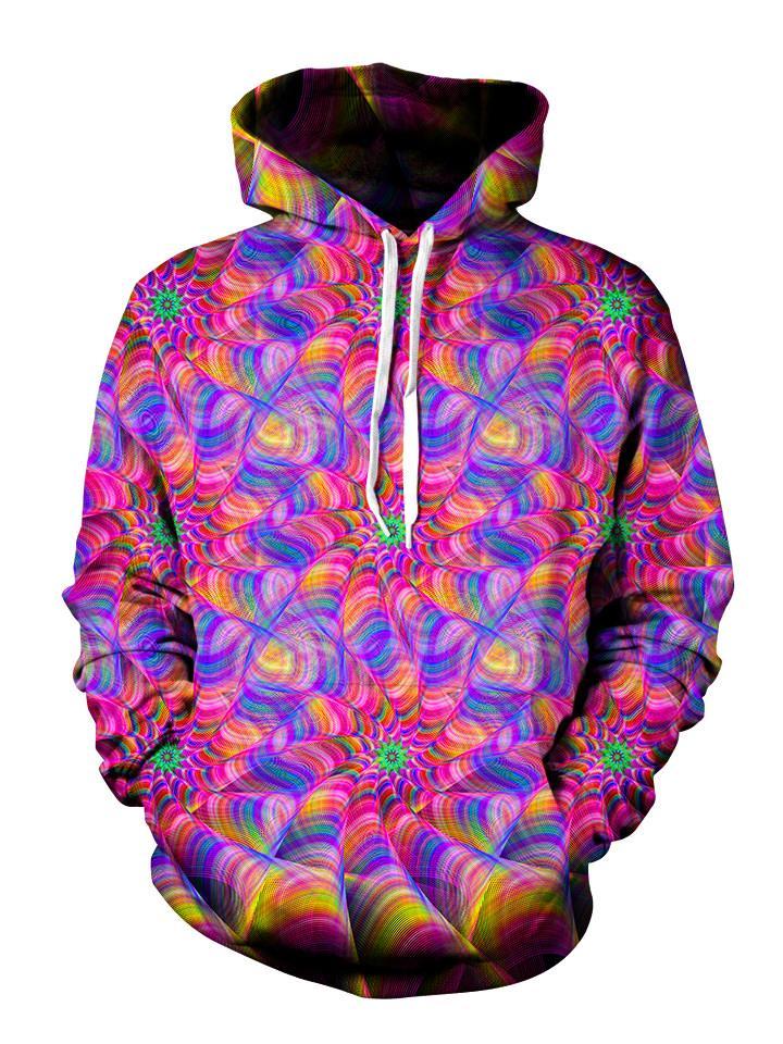Psychedelic kaleidoscope pink and purple pullover hoodie with white strings, front view