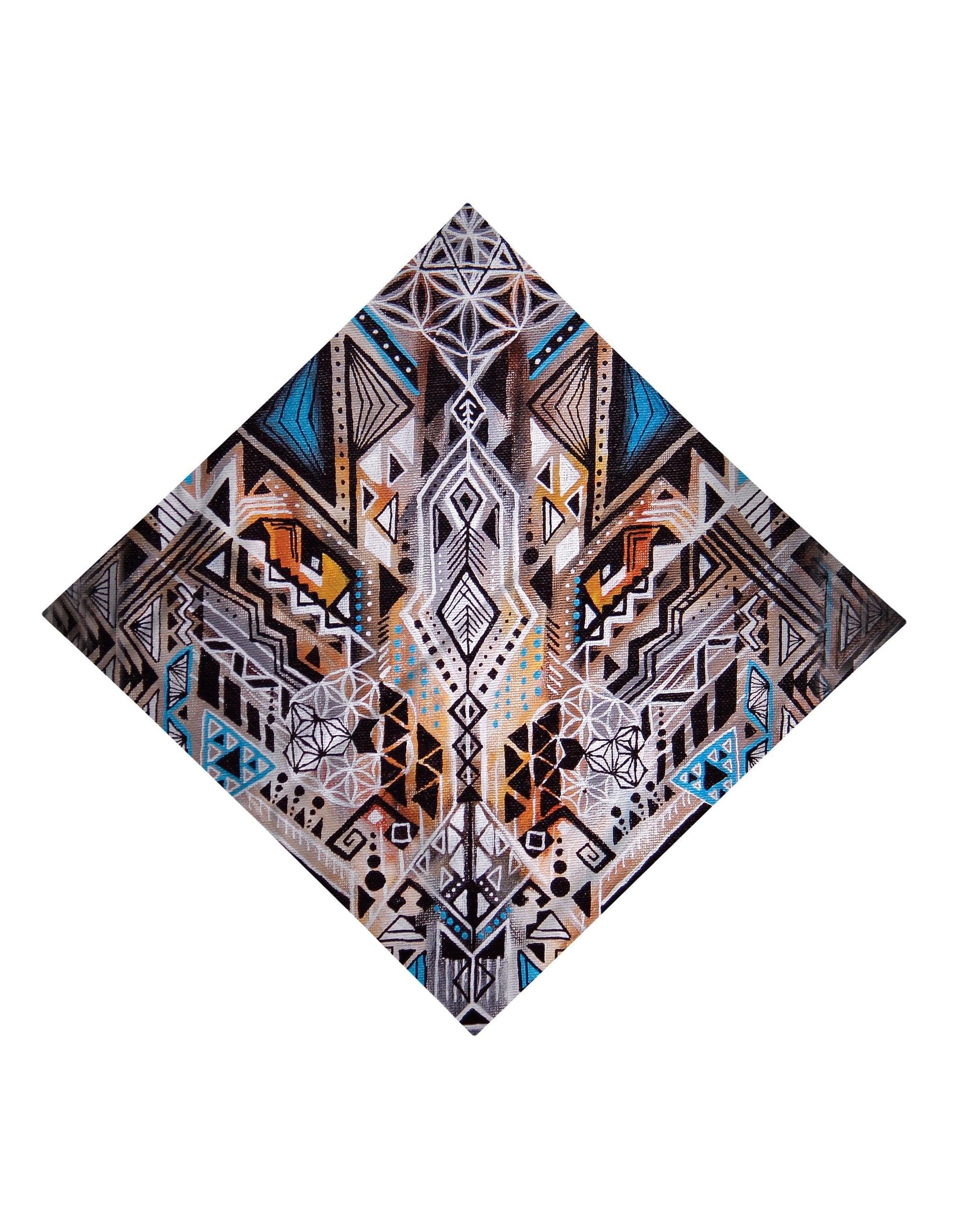 Trippy Gratefully Dyed Apparelwhite, blue & orange tribal sacred geometry bandana flat view.