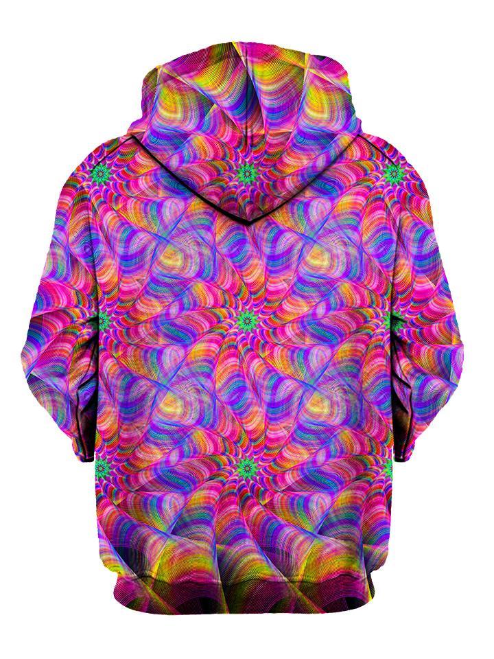 Psychedelic kaleidoscope pink and purple pullover hoodie back view