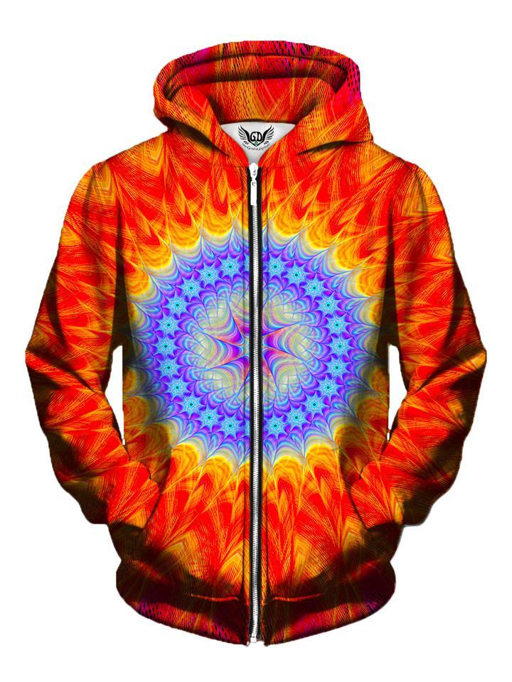 Men's red & blue mandala zip-up hoodie front view.