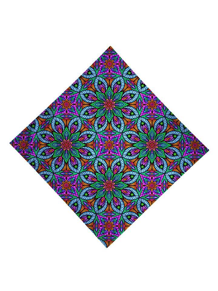 Trippy Gratefully Dyed Apparel purple, blue & green flower fractal bandana flat view.