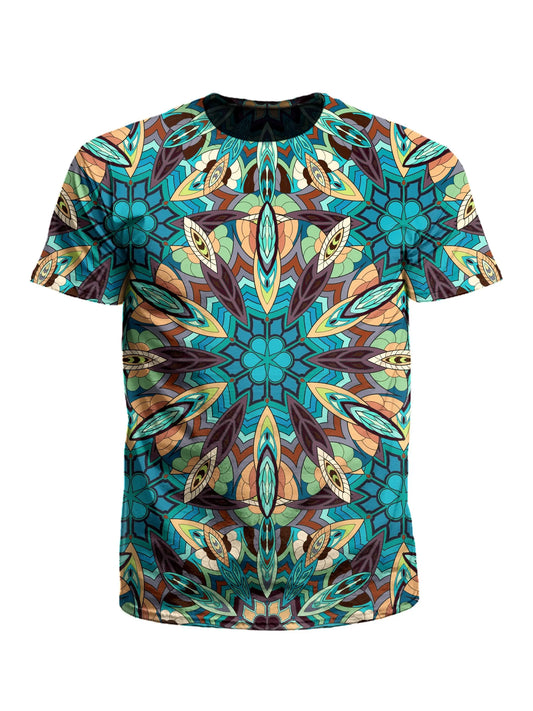 Men's blue, green & orange mandala unisex t-shirt front view.