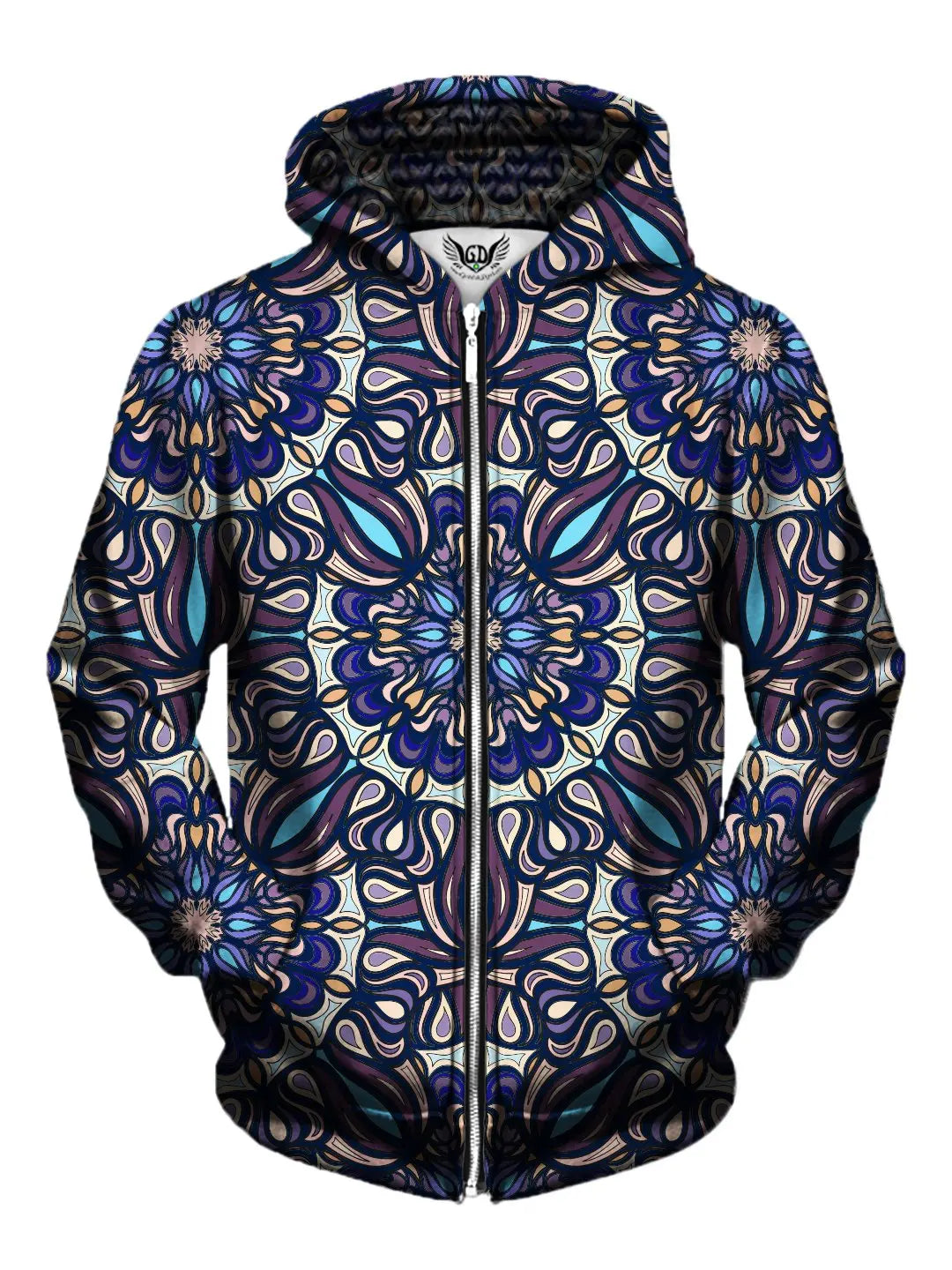 Men's blue, purple & orange psychedelic mandala zip-up hoodie front view.