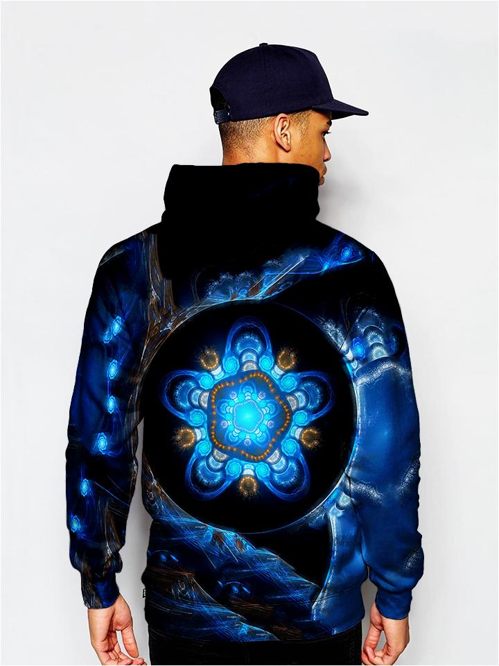 Model wearing GratefullyDyed Apparel psychedelic mandala hoodie.