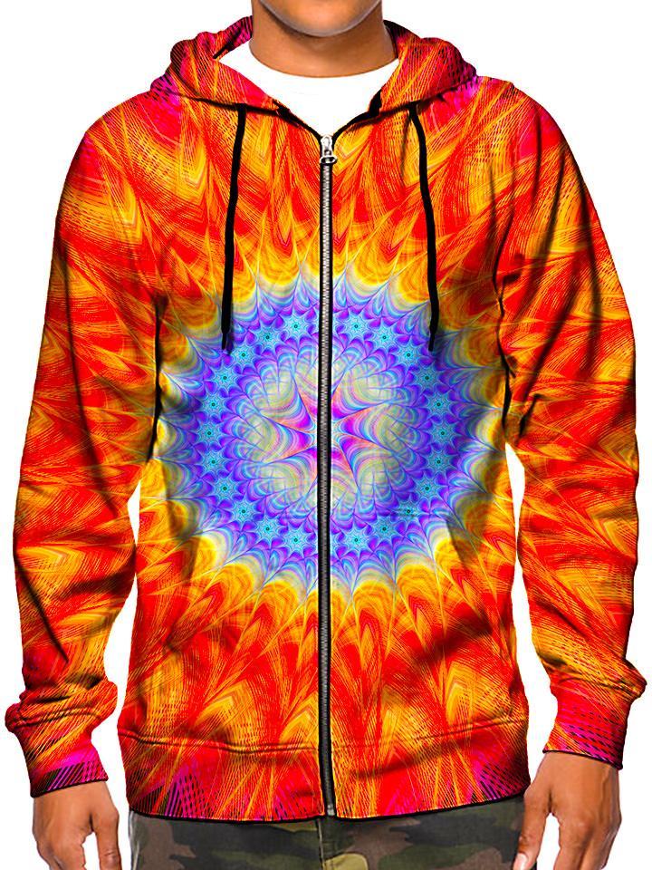 Model wearing GratefullyDyed Apparel psychedelic red & blue mandala hoodie.