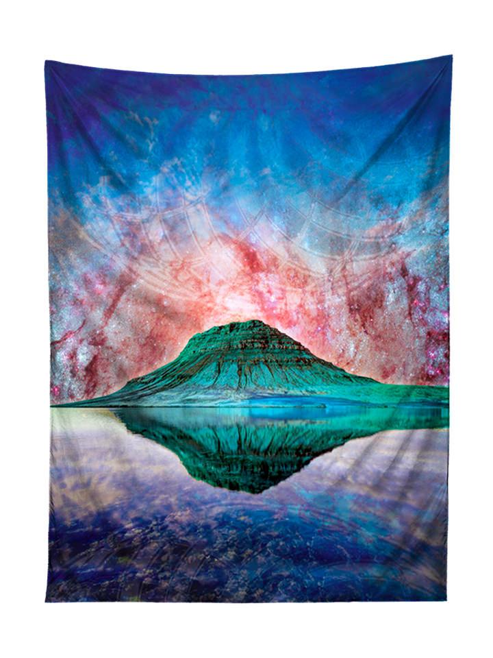 Vertical hanging view of all over print blue, red green & purple mountain galaxy tapestry by GratefullyDyed Apparel.
