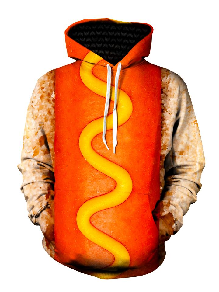 Men's red & yellow centered close up of mustard hot dog pullover hoodie front view.