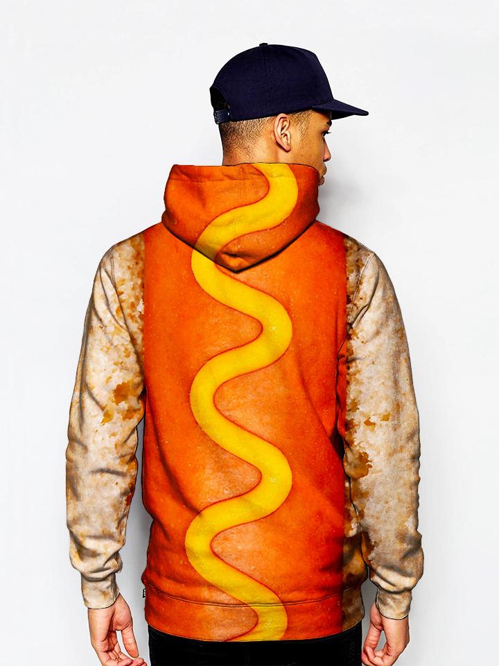 Model wearing GratefullyDyed Apparel hot dog hoodie.