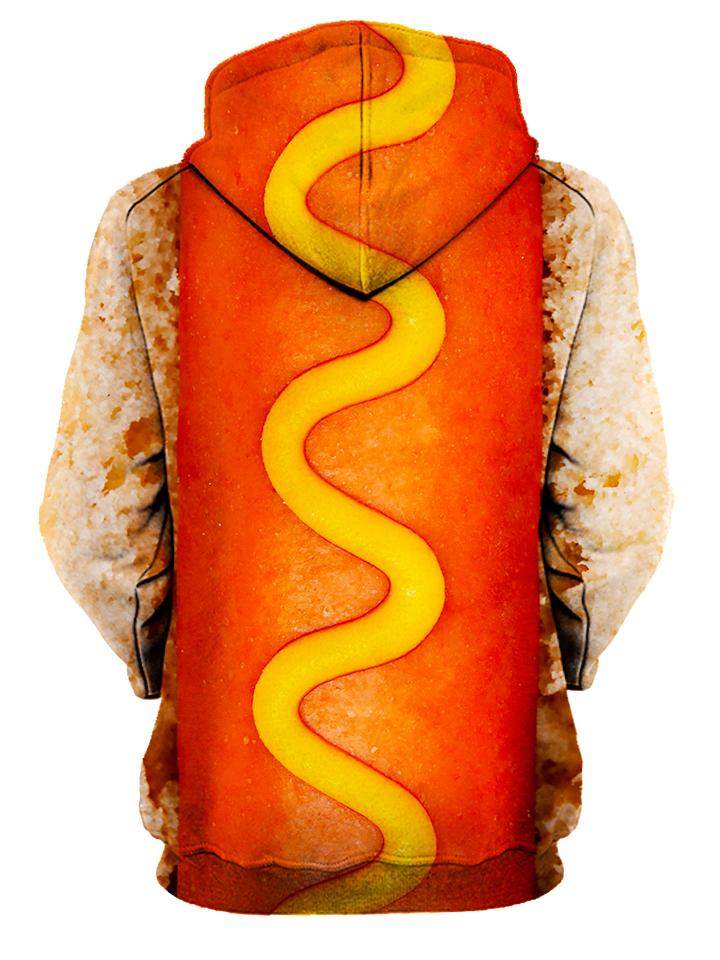 Rear of women's red & yellow mustard hot dog all over print hoody. 