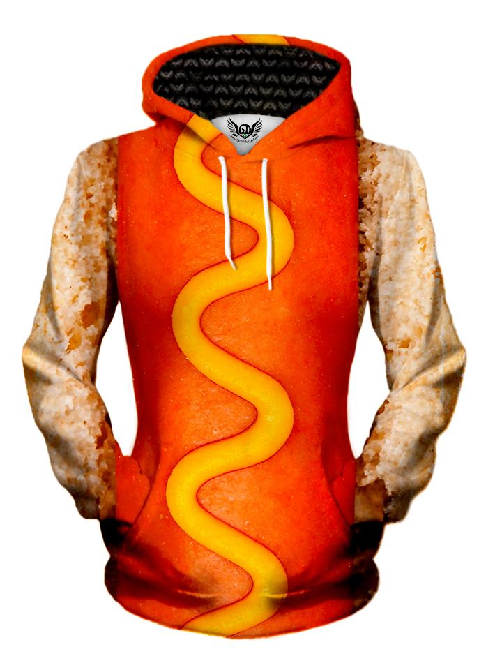 Women's front view of trippy foodie hot dog pullover hoodie.