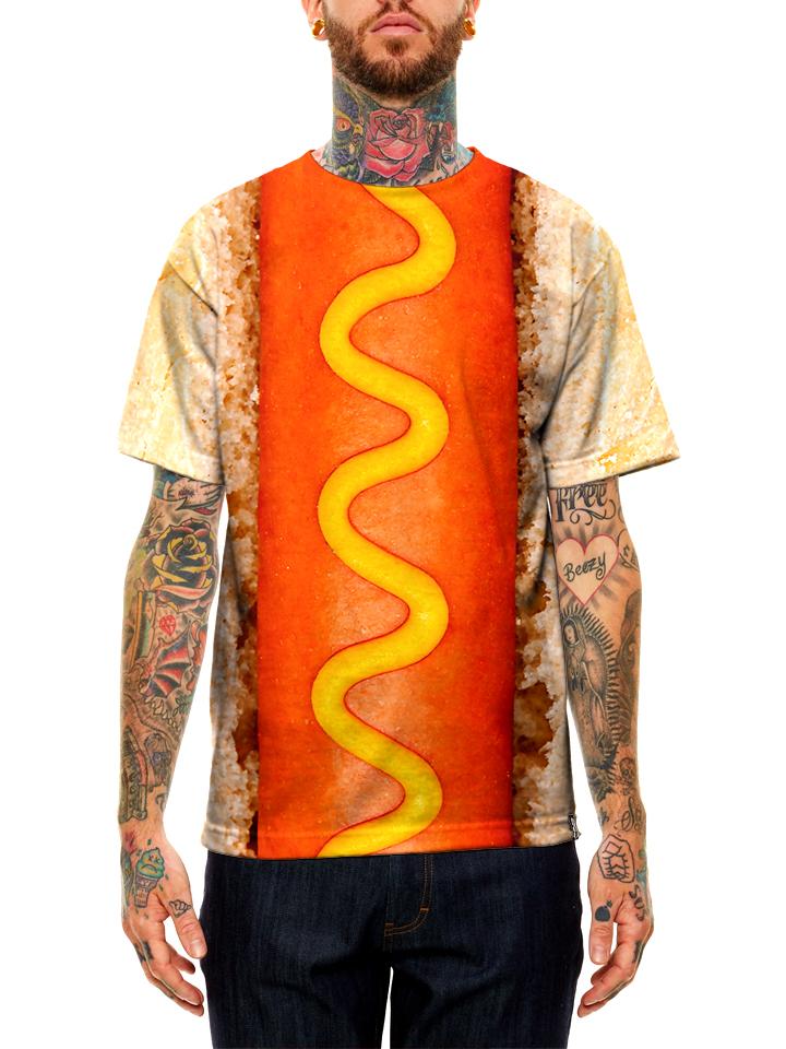 Model wearing GratefullyDyed Apparel mustard hot dog unisex t-shirt.