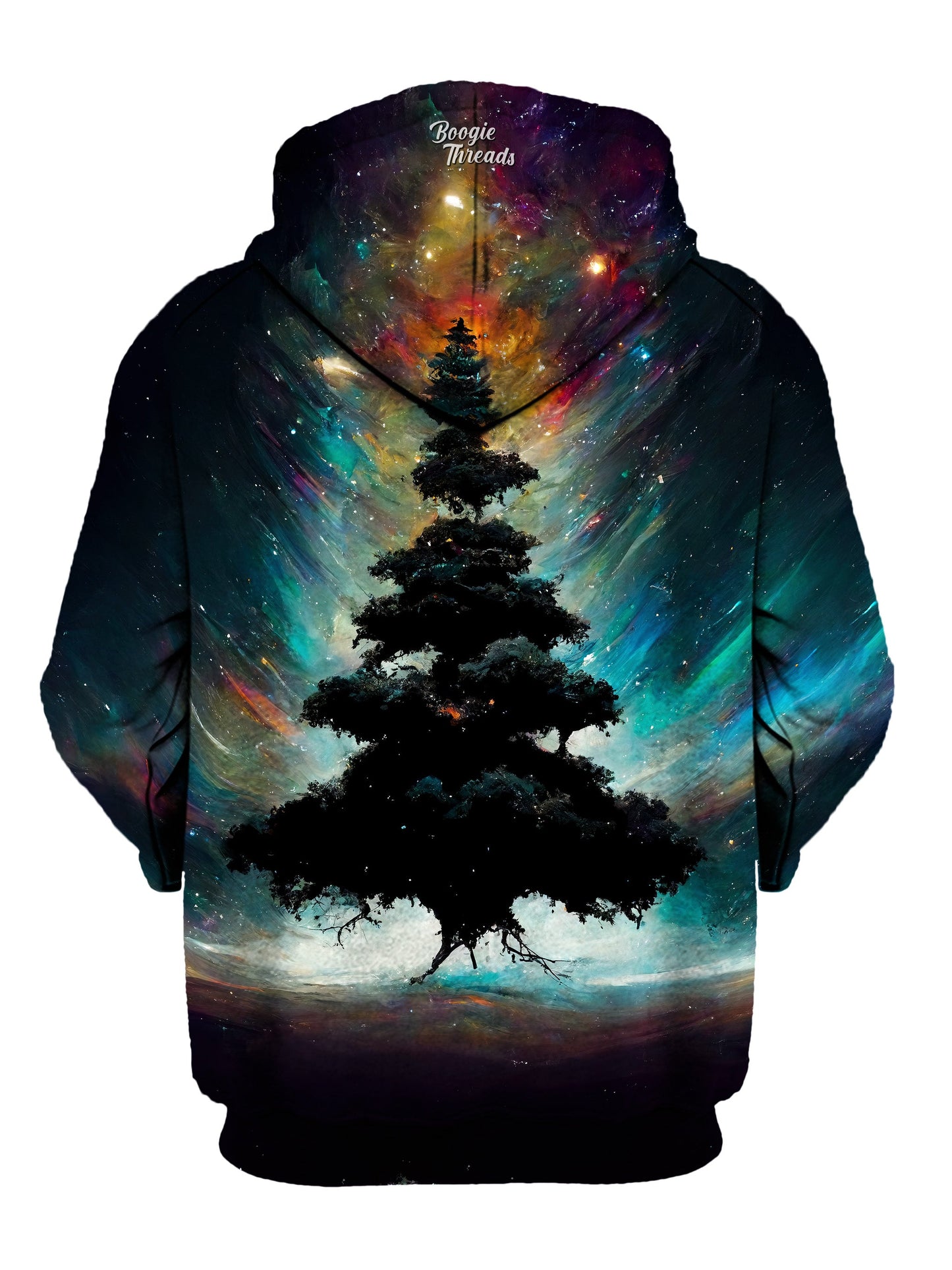 tree floating in outer space, bright colored galaxy hoodie
