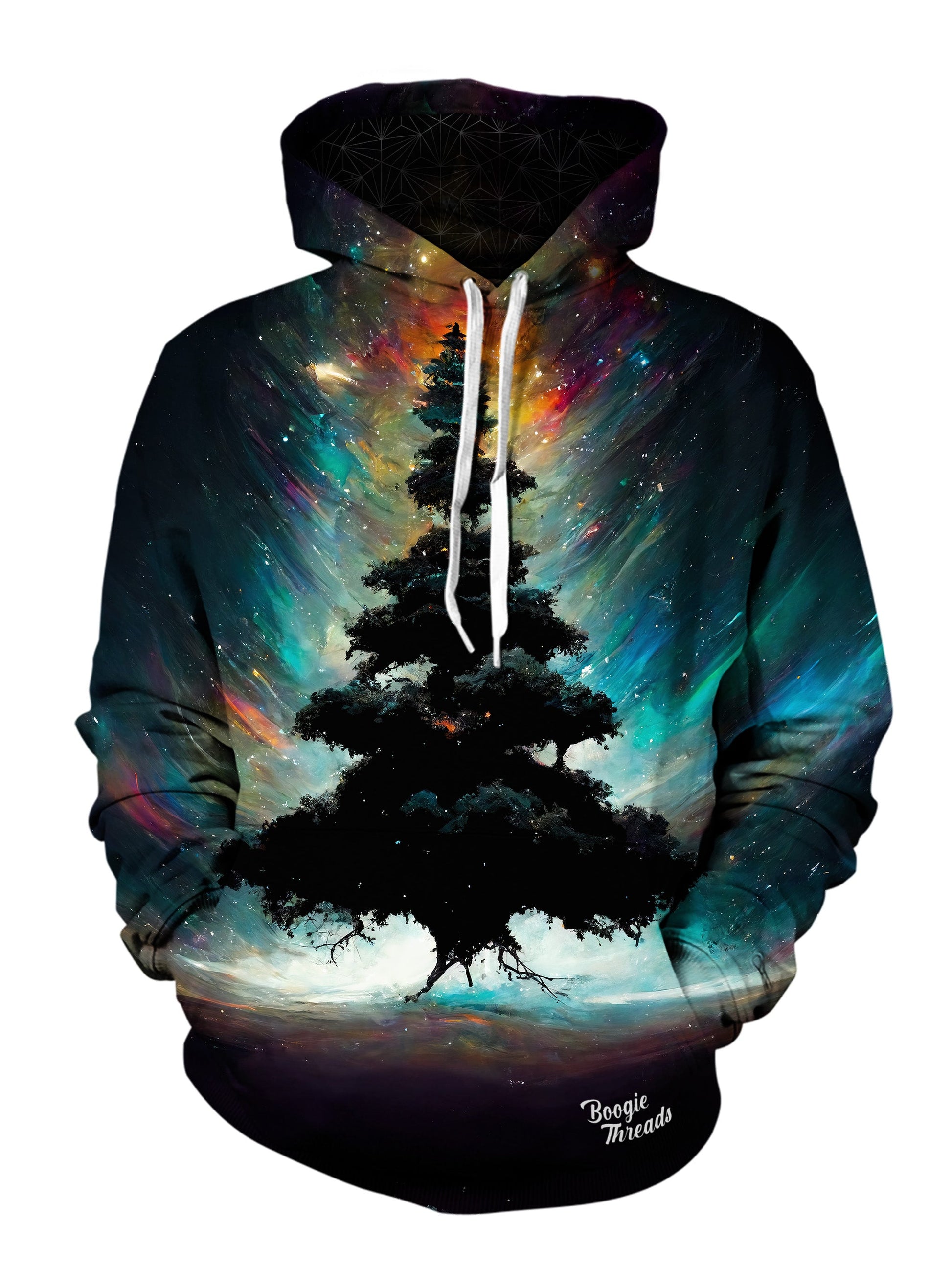tree in outer space all over printed hoodie - bright colors high contrast