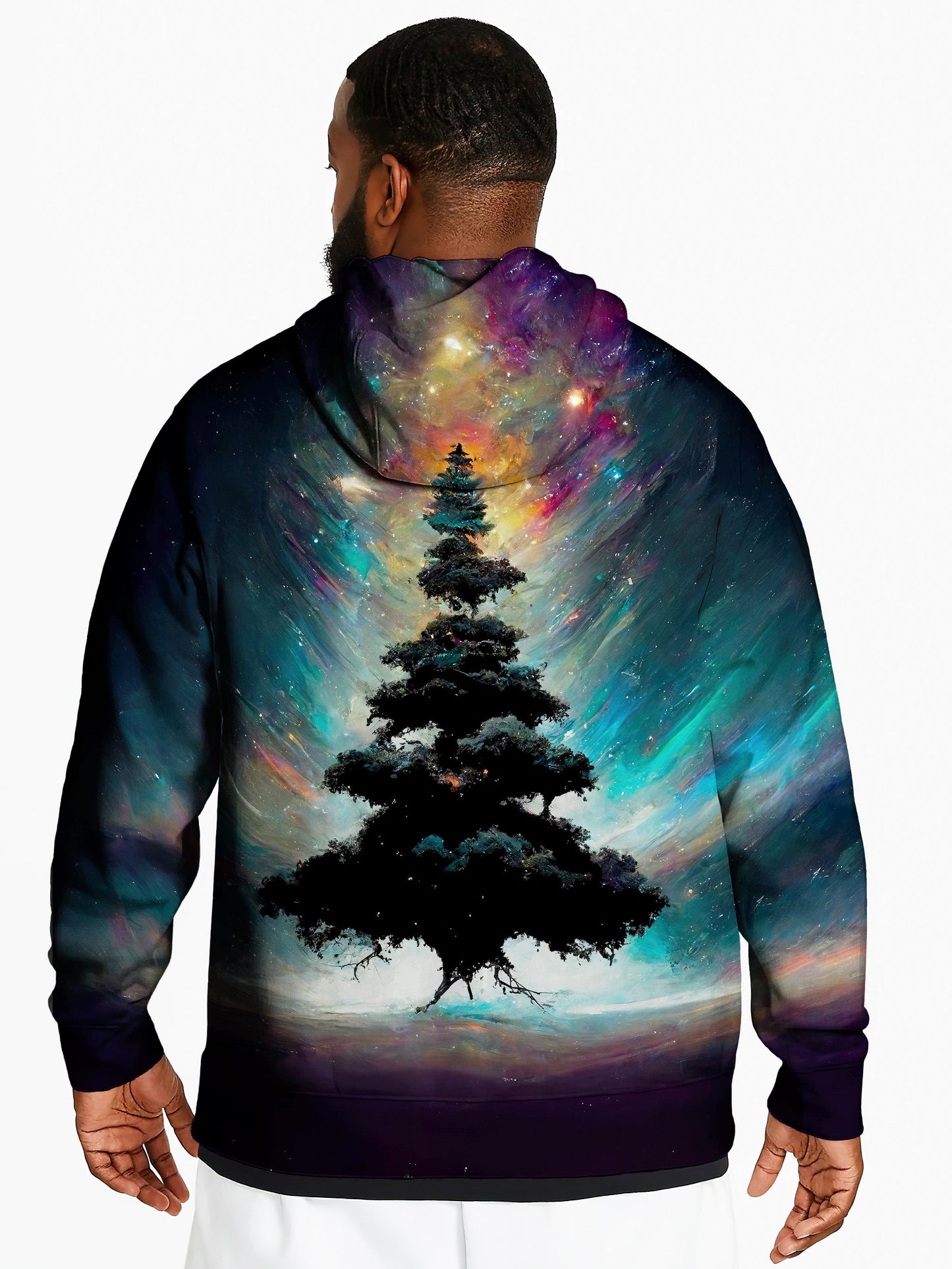 brightly colored tree in space hoodie print